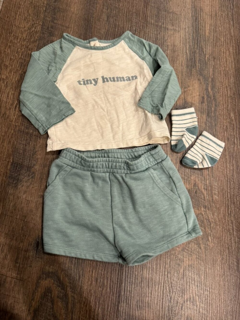 Cloud Island Tiny Human Green Long Sleeve T-Shirt, Shorts, Sock Set - 3-6 Months